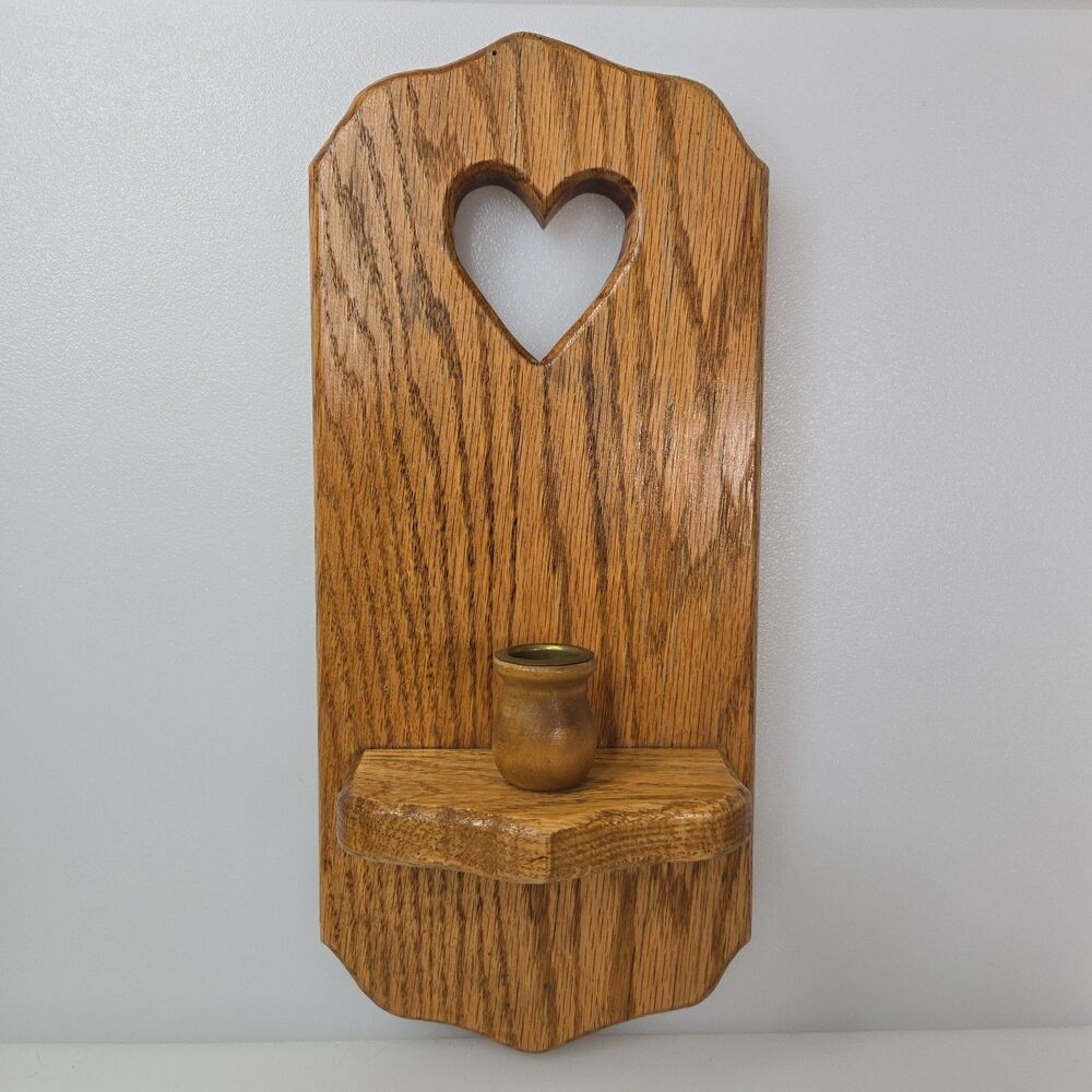 VTG Oak Wall Sconce Candle Holder Heart Cutout Rustic Farmhouse Wall Decor 80s